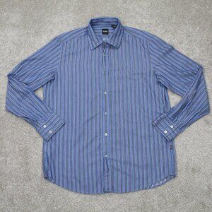 BOSS Hugo Boss Shirt Mens Large Blue/Gray Striped "Lex"‎ Cotton L/S Button Up